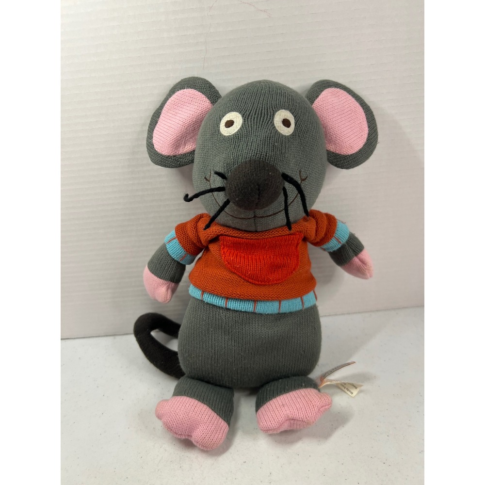 Latitude Enfant Paris France Knit Mouse Plush Orange Sweater Gray Toy 12in